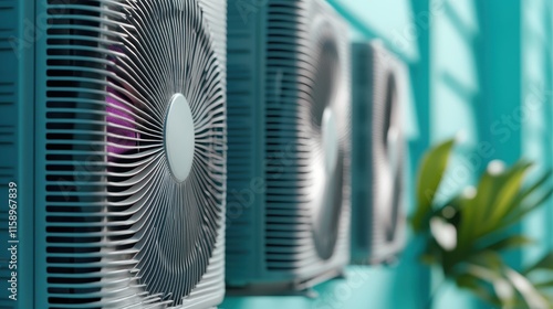 A close-up view of several modern air conditioner units mounted on a bright turquoise wall, highlighting sleek metallic design and energy efficiency. photo