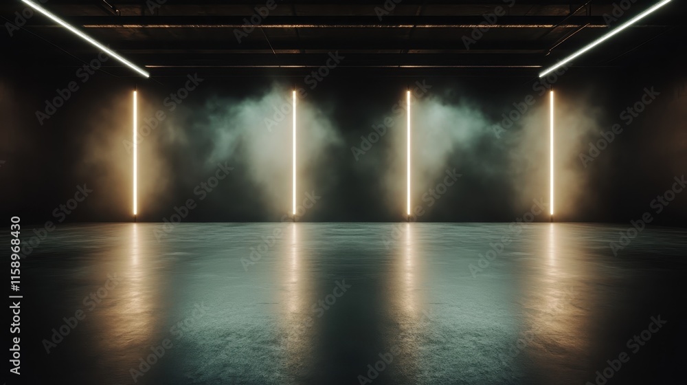 An expansive, dimly-lit space featuring a row of vertical, glowing light beams against a dark setting, evoking a surreal and abstract ambiance. An expansive, dimly-lit space featuring a row of vertical, glowing light beams against a dark setting, evoking a surreal and abstract ambiance.