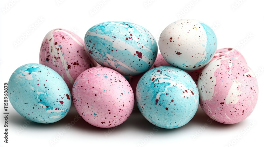 A set of Easter eggs featuring blue, pink, and white marbled and spattered patterns, artistically arranged to convey a sense of playfulness and creativity. A set of Easter eggs featuring blue, pink, and white marbled and spattered patterns, artistically arranged to convey a sense of playfulness and creativity.