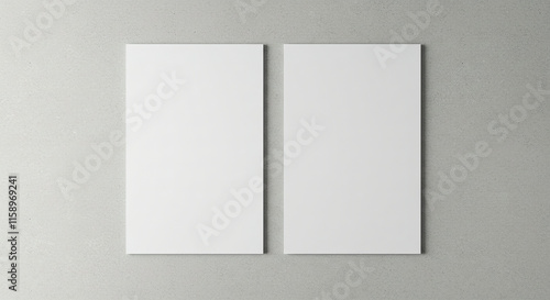 Two empty white vertical rectangle poster mockups with soft shadows on neutral light grey concrete wall background. Flat lay, top view