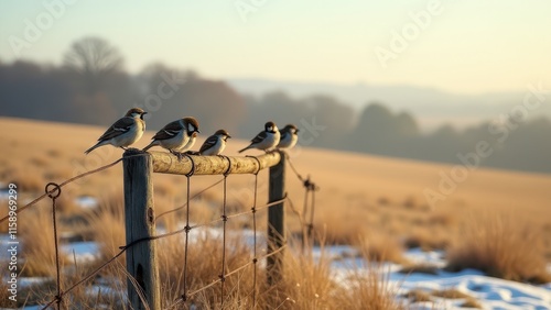 Birds returning, Sparrows on a fence in a thawing meadow, photorealistic.