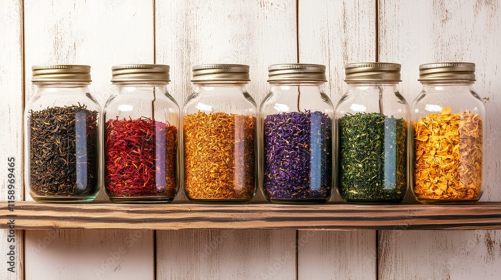 Colorful jars filled with various spices and herbs are neatly arranged on a wooden shelf against a rustic background. Colorful jars filled with various spices and herbs are neatly arranged on a wooden shelf against a rustic background.