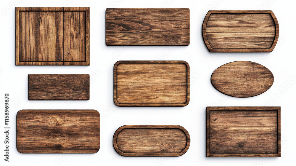 Sign board with brown wood texture. Realistic 3d vector illustration set of wooden rectangle, circle and square frame. Rustic signboard plank for title and text box. Timber billboard plaque. Sign board with brown wood texture. Realistic 3d vector illustration set of wooden rectangle, circle and square frame. Rustic signboard plank for title and text box. Timber billboard plaque.