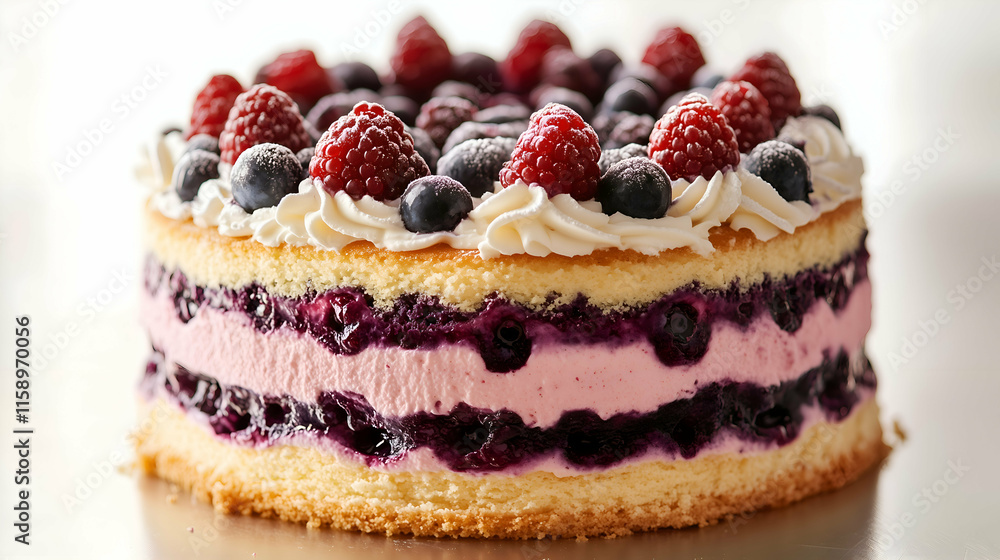A stunning berry layer cake filled with luscious cream and a mix of raspberries and blueberries. Fluffy sponge layers alternate with vibrant berry fillings, topped with whipped cream and fresh fruits. A stunning berry layer cake filled with luscious cream and a mix of raspberries and blueberries. Fluffy sponge layers alternate with vibrant berry fillings, topped with whipped cream and fresh fruits.