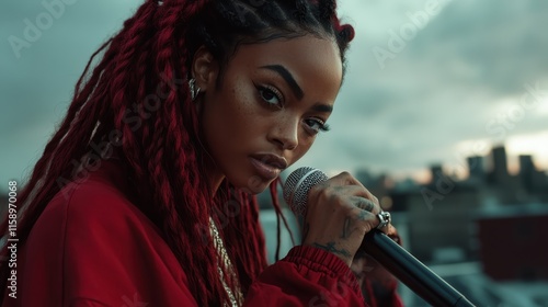 A poised female singer, adorned with red attire, tilts her microphone with focus and intensity while an abstract urban skyline serves as a captivating background. photo