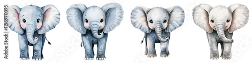 Adorable group of baby elephants in a watercolor painting style  These cute young elephants with big ears and trunks are perfect for use as clipart wildlife nature design elements photo