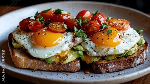 A scrumptious plate of avocado toast served with sunny-side-up eggs, topped with roasted cherry tomatoes and herbs, offering a burst of colors and flavors. photo