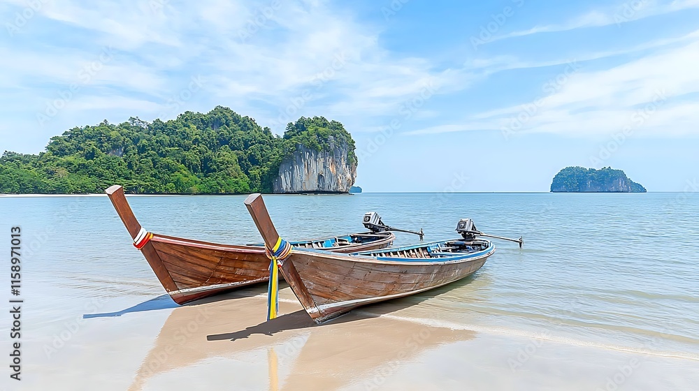 Fototapeta premium Tropical Beach Scene Wooden Longtail Boats on Calm Sea