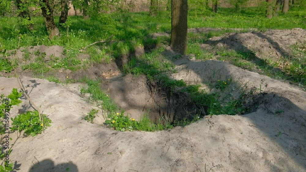 dug up earth in the forest trenches trenches visible earth forest grass dug up earth in the forest trenches trenches visible earth forest grass