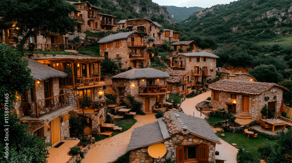 Fototapeta premium Hillside village at dusk, stone houses, winding paths, lush greenery.