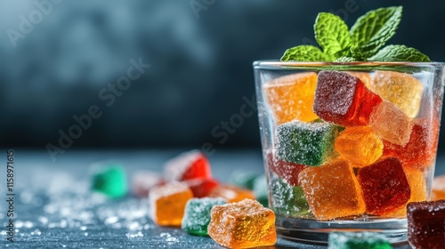 A glass filled with vibrant, sugar-coated candy cubes, reflecting various colors against a dark background, garnished with fresh mint leaves for added freshness. photo