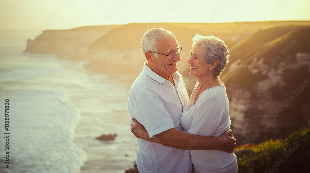 Elderly Couple Embracing at Sunset by the Seaside, Radiating Love, Joy, and Togetherness. A Heartwarming Moment Celebrating Connection, Happiness, and Timeless Romance Elderly Couple Embracing at Sunset by the Seaside, Radiating Love, Joy, and Togetherness. A Heartwarming Moment Celebrating Connection, Happiness, and Timeless Romance