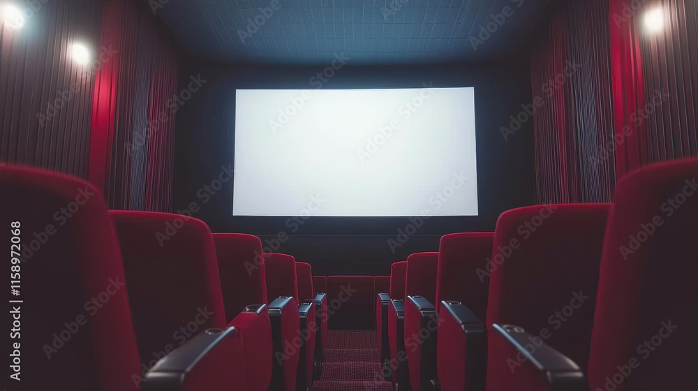 Fototapeta premium Movie theater, cinema hall with white screen and rows of red seats rear view. Empty interior with light blank screen, chair backs and illumination on ceiling and floor, Cartoon vector illustration