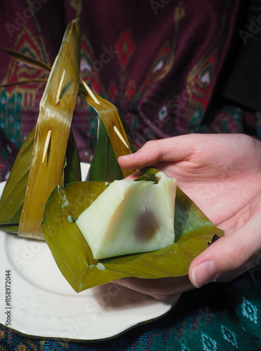 Traditional Thai Dessert in Banana Leaf Wrap Coconut Sticky Rice
