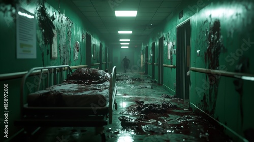 Blood-stained hospital hallway with a distant silhouette walking towards the camera, capturing a chilling and ominous feeling of approaching danger.