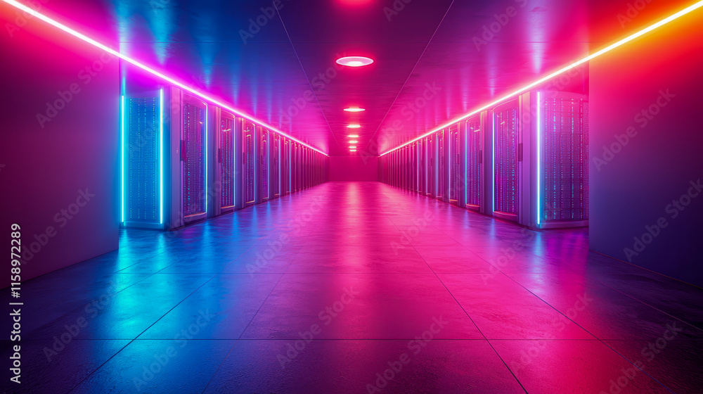 A futuristic server hallway illuminated with vibrant blue and pink neon lights, creating a high-tech and symmetrical atmosphere A futuristic server hallway illuminated with vibrant blue and pink neon lights, creating a high-tech and symmetrical atmosphere