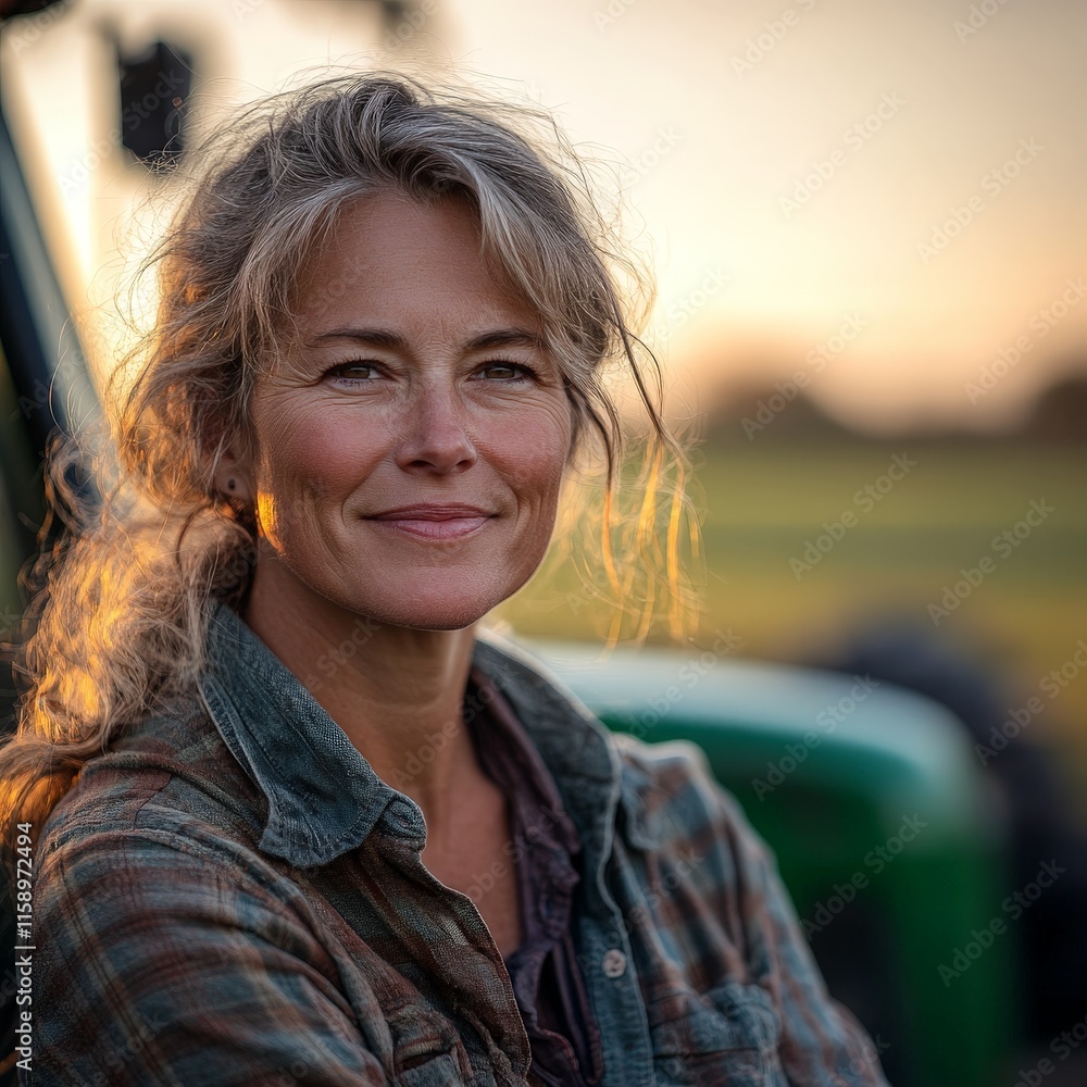Smiling Female Farmer Standing Beside a Tractor in a Scenic Field Smiling Female Farmer Standing Beside a Tractor in a Scenic Field