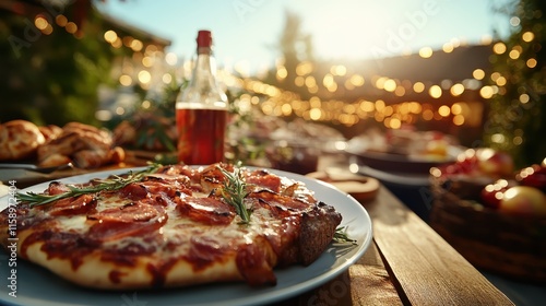 A delectable wood-fired pizza topped with fresh rosemary sits invitingly on an outdoor table, surrounded by bokeh lights, evoking warmth and social gatherings. photo