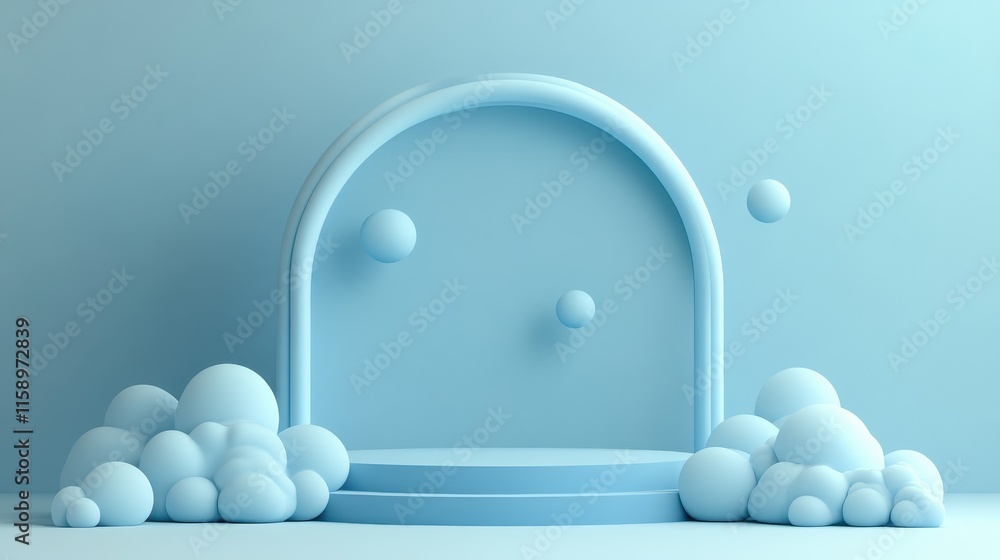 Abstract Blue Platform Scene With Floating Spheres And Clouds Abstract Blue Platform Scene With Floating Spheres And Clouds