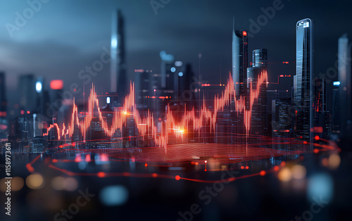 Red financial graph overlaid on a futuristic city at night.
