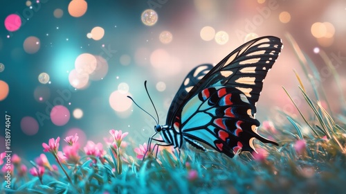 Vibrant Butterfly Perched On Blossoms With Dreamy Bokeh Background  
