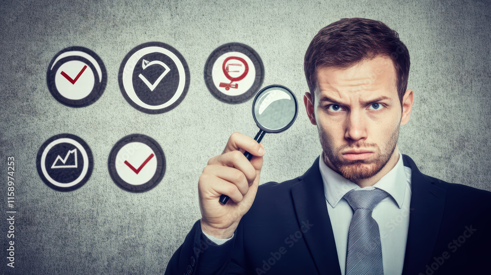 Businessman holding magnifying glass, examining compliance symbols with serious expression. image conveys focus on detail and quality assurance in business practices Businessman holding magnifying glass, examining compliance symbols with serious expression. image conveys focus on detail and quality assurance in business practices