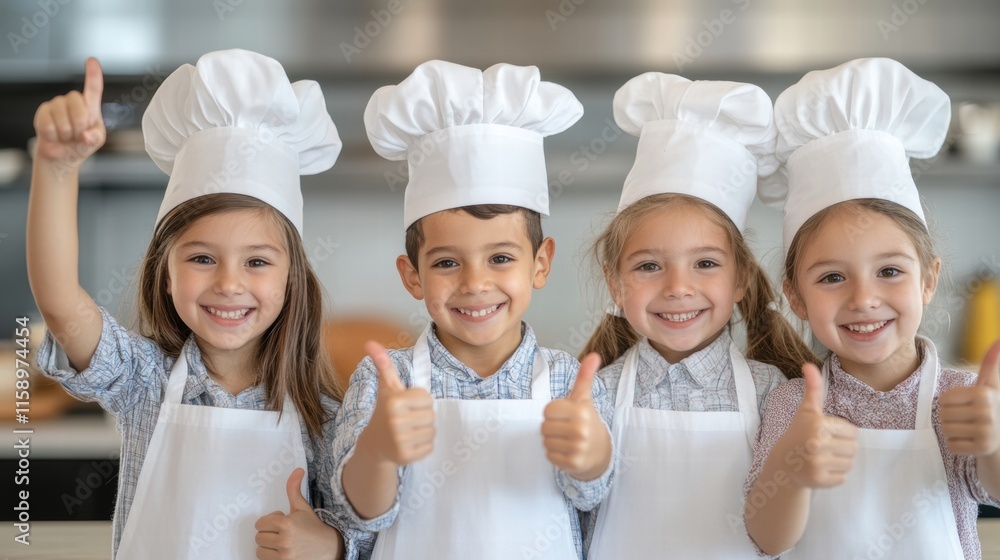 Mini Master Chefs: A group of adorable kids, dressed in chef hats and aprons, proudly give a thumbs up, showcasing their culinary passion and playful spirit. Mini Master Chefs: A group of adorable kids, dressed in chef hats and aprons, proudly give a thumbs up, showcasing their culinary passion and playful spirit.