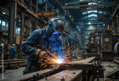 Worker welding in an industrial factory with sparks flying, wearing protective gear, surrounded by machinery in a spacious workshop. photo