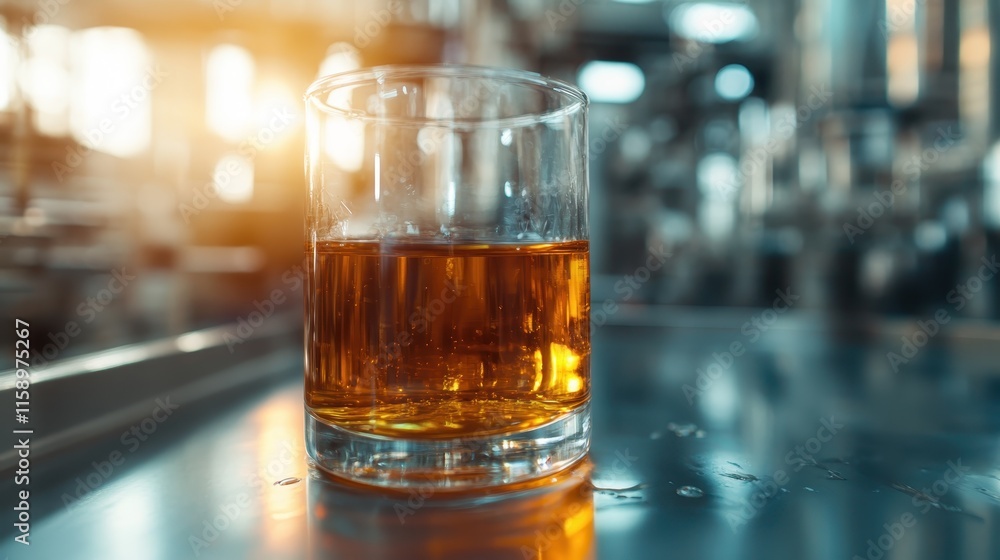 An unadorned glass cup filled with smooth amber liquid rests on a polished surface, highlighted by a bright industrial background in a laboratory setting. An unadorned glass cup filled with smooth amber liquid rests on a polished surface, highlighted by a bright industrial background in a laboratory setting.