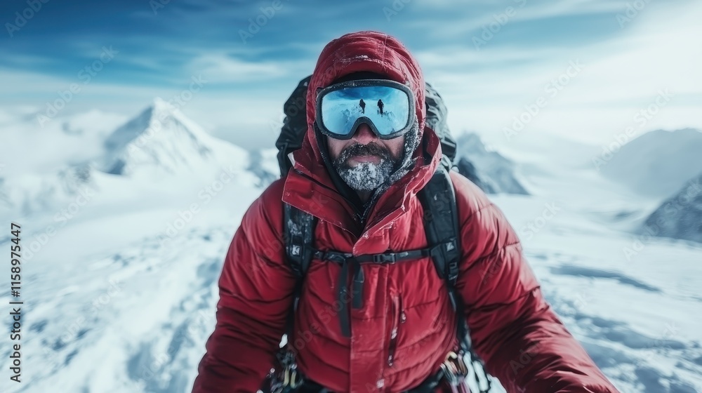 An intrepid climber dressed in a red jacket courageously conquers snowy mountain peaks, epitomizing strength and determination in this cold, awe-inspiring landscape. An intrepid climber dressed in a red jacket courageously conquers snowy mountain peaks, epitomizing strength and determination in this cold, awe-inspiring landscape.