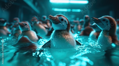 A charming group of penguins swimming immersively in an underwater scene with neon lighting, evoking joy and a sense of belonging in a dynamic habitat. photo