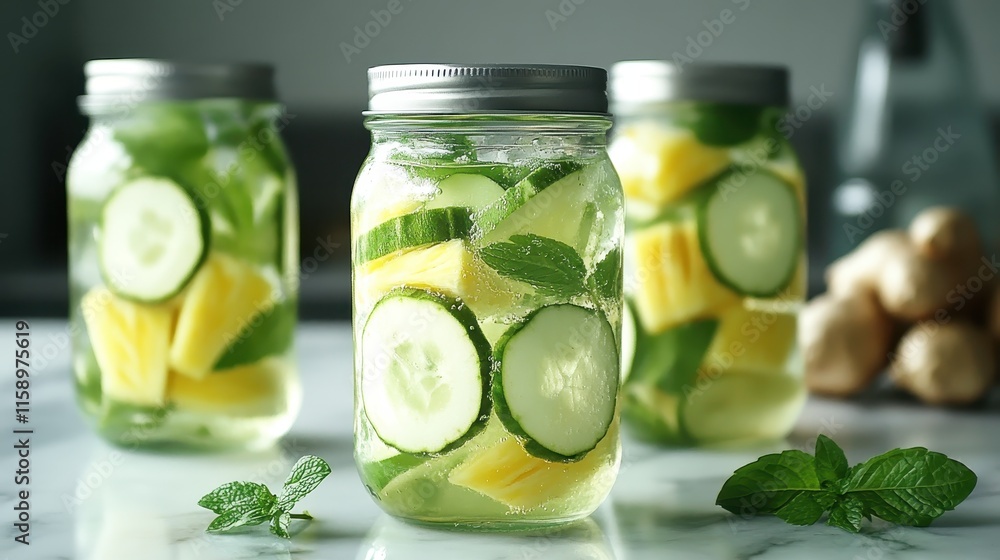 Three jars of detox water, each containing sliced cucumber, pineapple chunks, and mint leaves, showcasing a healthy and aesthetically pleasing beverage choice. Three jars of detox water, each containing sliced cucumber, pineapple chunks, and mint leaves, showcasing a healthy and aesthetically pleasing beverage choice.