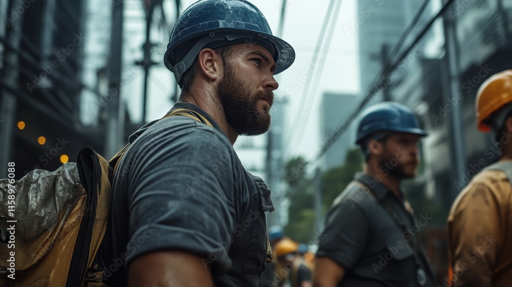 Image depicting construction workers in safety gear, including helmets, actively working at a building site, illustrating teamwork and industrious human effort. Image depicting construction workers in safety gear, including helmets, actively working at a building site, illustrating teamwork and industrious human effort.