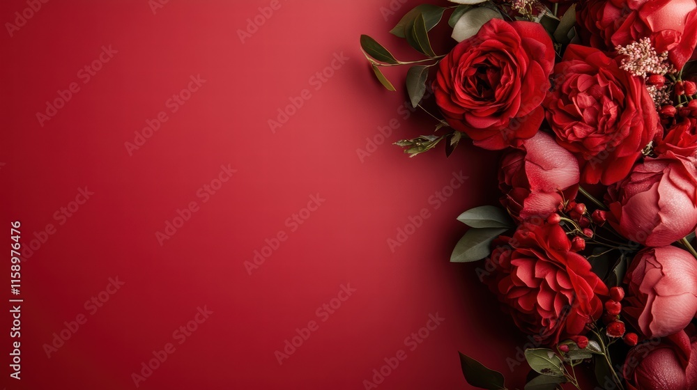 A stunning display of vivid red blooms artfully arranged on a seamless red backdrop, exemplifying romance and passion through color and composition. A stunning display of vivid red blooms artfully arranged on a seamless red backdrop, exemplifying romance and passion through color and composition.