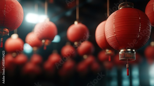 A detailed close-up view of red lanterns, showcasing intricate designs that epitomize cultural heritage and an artistic expression, evoking warmth and celebration. photo