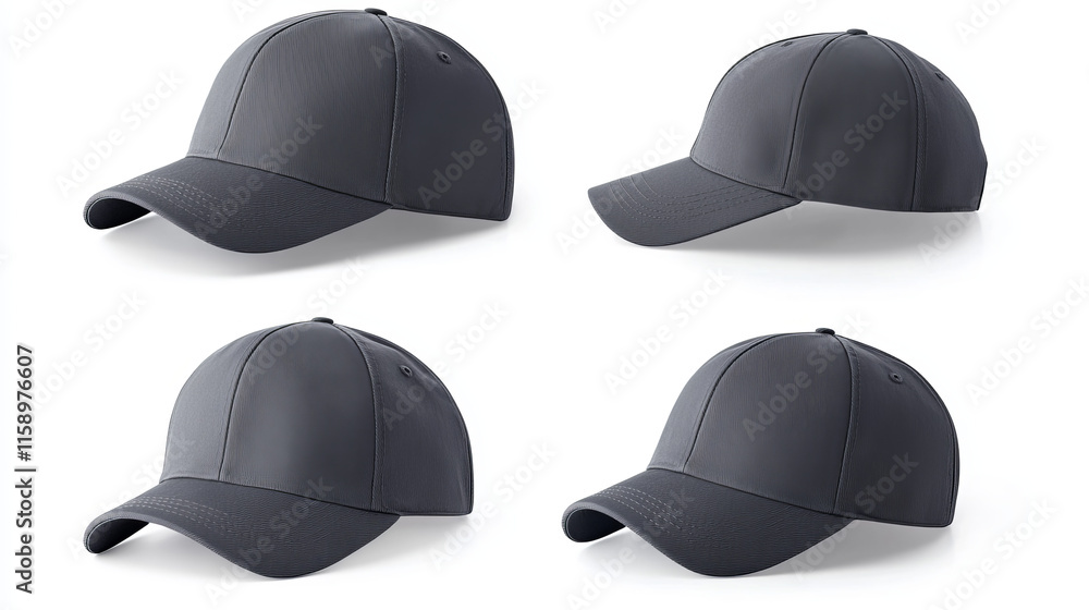 Baseball cap mockup from different views - front, back, three quarter and side. Realistic vector templates of gray snapback hats with visor. Blank sport uniform headwear - cotton clothing elements. Baseball cap mockup from different views - front, back, three quarter and side. Realistic vector templates of gray snapback hats with visor. Blank sport uniform headwear - cotton clothing elements.