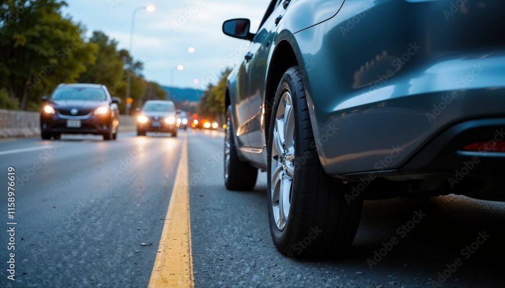 Close-up of a car tire on the road with other vehicles in motion during dusk Close-up of a car tire on the road with other vehicles in motion during dusk