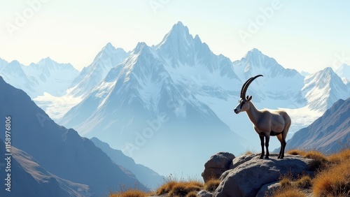 Changing seasons, Mountain range, snowline retreats, rocky peaks, alpine vegetation, mountain goat foreground, photorealistic. photo