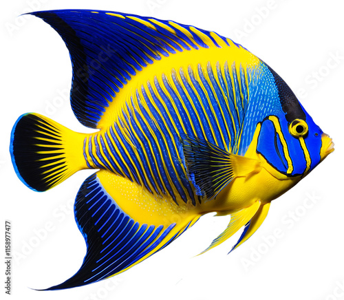 A blue and yellow angel fish with a stripes on a transparent background