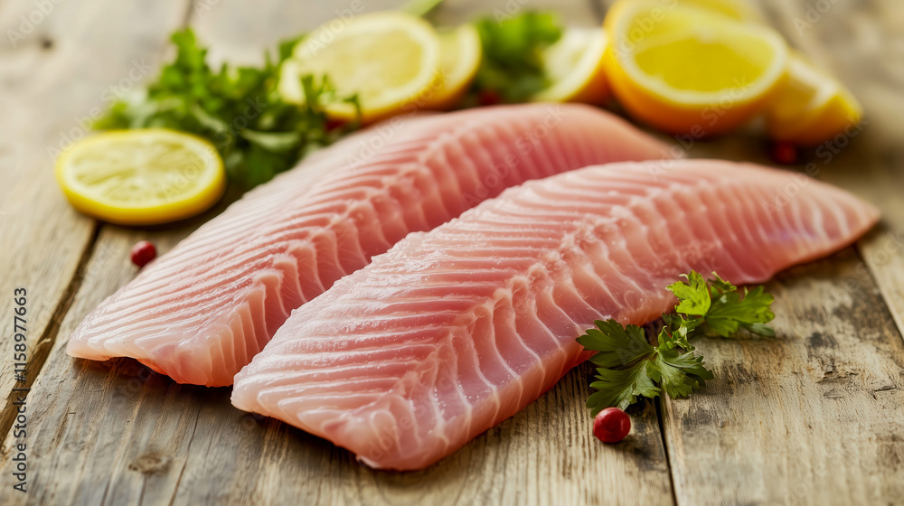 Fresh raw fish fillet with lemon and parsley on wooden table Fresh raw fish fillet with lemon and parsley on wooden table