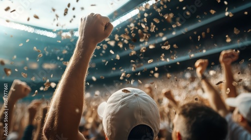 A vibrant scene with excited fans expressing joy as confetti flies in a captivated stadium. The mix of energy and electric atmosphere is palpable and mesmerizing. photo