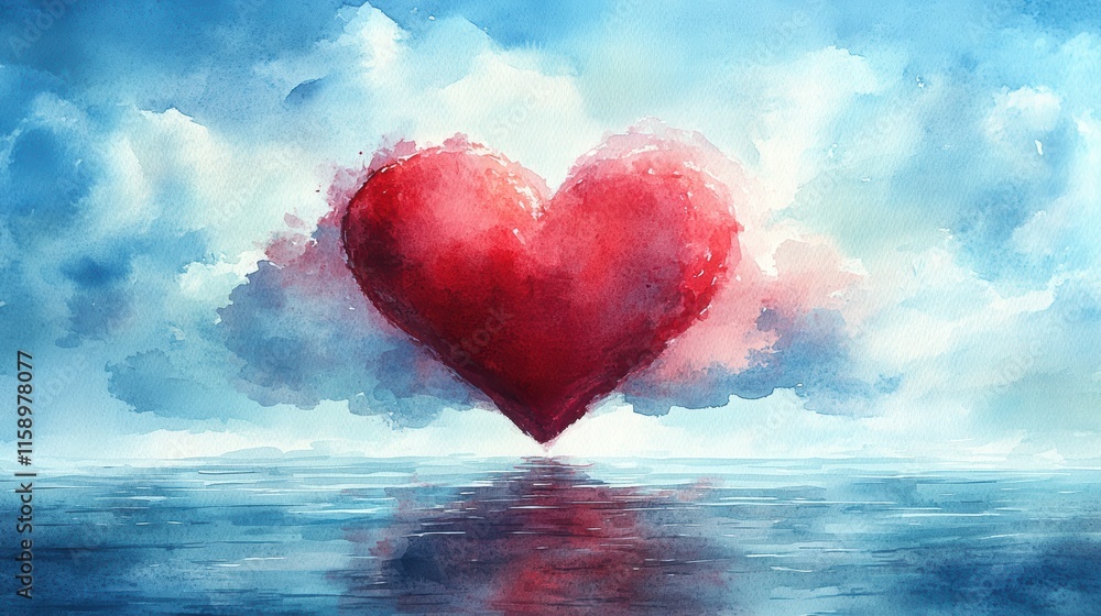 Fototapeta premium Captivating valentine heartshaped clouds over serene landscape watercolor artwork ideal copy space for romantic themes