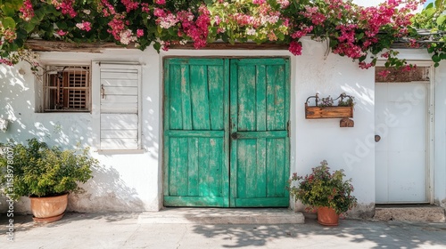 A rustic turquoise door surrounded by lush pink bougainvillea and potted plants, creating a vivid, inviting entrance to a charming, white-walled house. photo