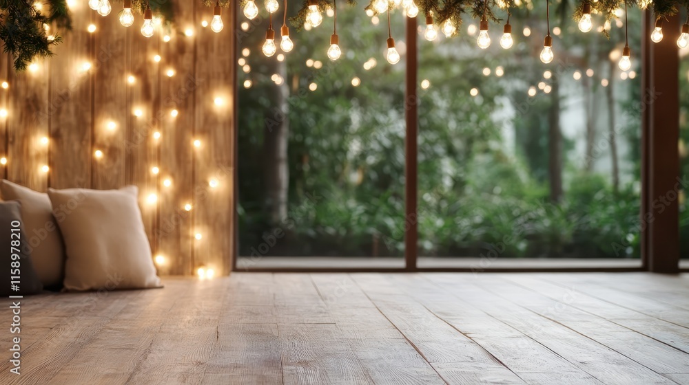 A tranquil room adorned with warm hanging lights and soft cushions, creating a cozy ambiance with a large window showcasing a lush green outdoor view. A tranquil room adorned with warm hanging lights and soft cushions, creating a cozy ambiance with a large window showcasing a lush green outdoor view.