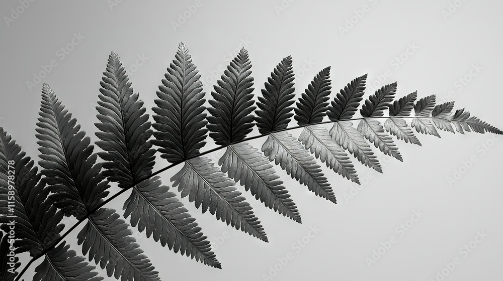 Naklejka premium Black and white photo of a tree branch with fern leaf in foreground and gray sky in background