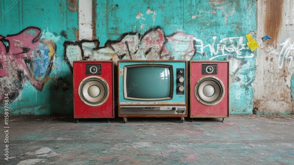A red retro television flanked by two speakers against a vibrant teal wall covered with urban graffiti, representing artistic expression and vintage charm. A red retro television flanked by two speakers against a vibrant teal wall covered with urban graffiti, representing artistic expression and vintage charm.