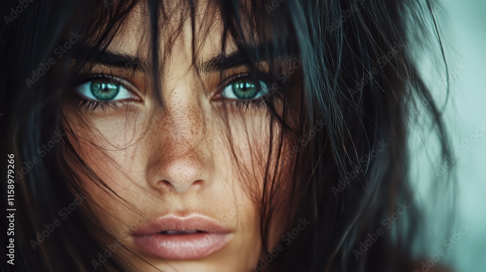 An expressive close-up photograph capturing the vivid eyes and prominent freckles of a person, framed by dark hair, for an intriguing visual composition. An expressive close-up photograph capturing the vivid eyes and prominent freckles of a person, framed by dark hair, for an intriguing visual composition.