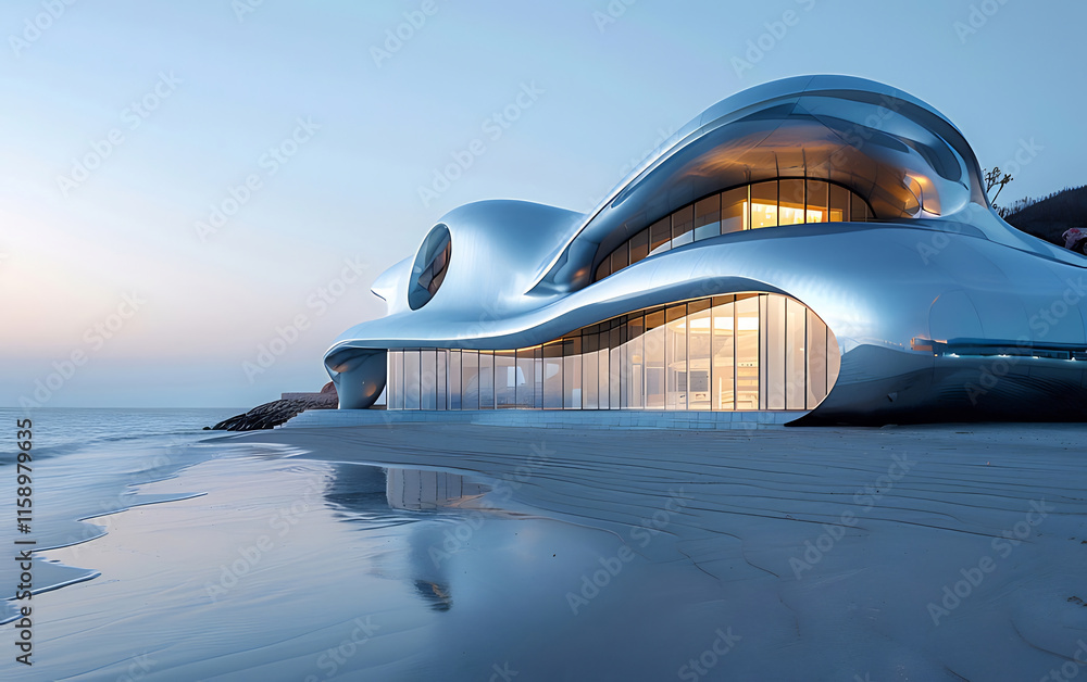 Futuristic beachfront house at sunset, reflecting in the wet sand. Futuristic beachfront house at sunset, reflecting in the wet sand.