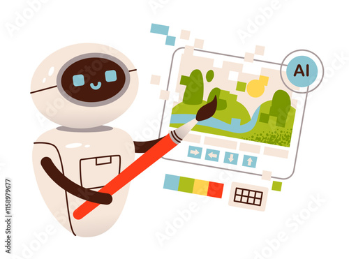 AI technology concept. Robots help in generating images. Chat bot. Artificial intelligence generates image. Flat vector illustration.