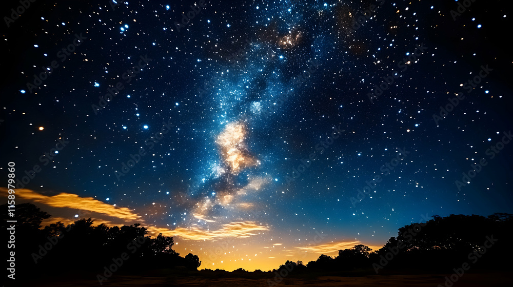 Obraz premium Milky Way galaxy shining brightly over dark trees and orange horizon.